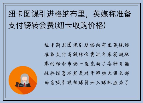 纽卡图谋引进格纳布里，英媒称准备支付镑转会费(纽卡收购价格)