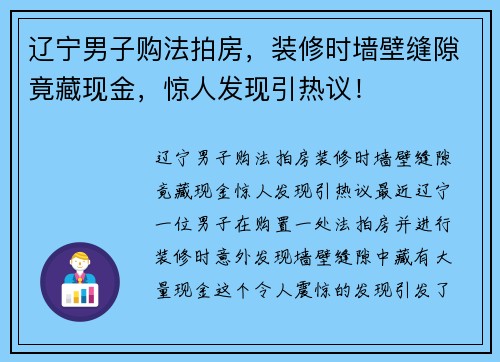 辽宁男子购法拍房，装修时墙壁缝隙竟藏现金，惊人发现引热议！