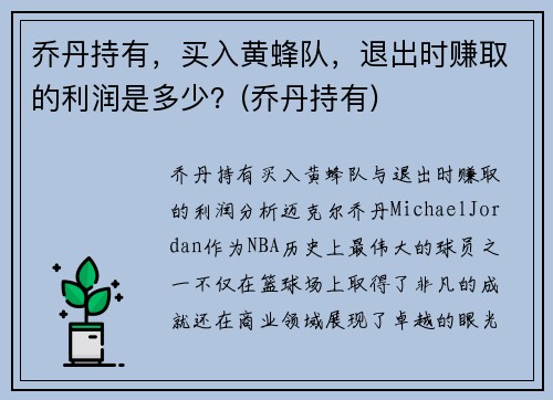 乔丹持有，买入黄蜂队，退出时赚取的利润是多少？(乔丹持有)